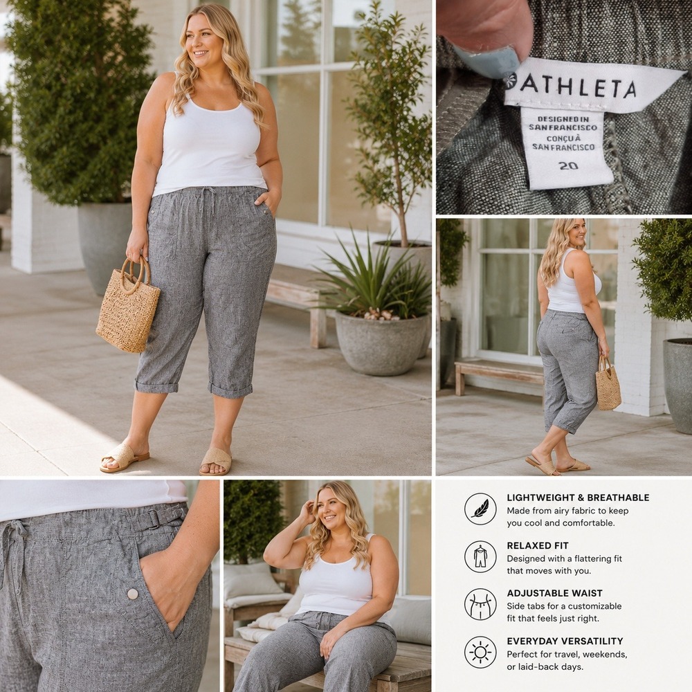 Athleta Cabo Linen Jogger Pants Olive Green Gray 20 Utility Pockets 586941-01